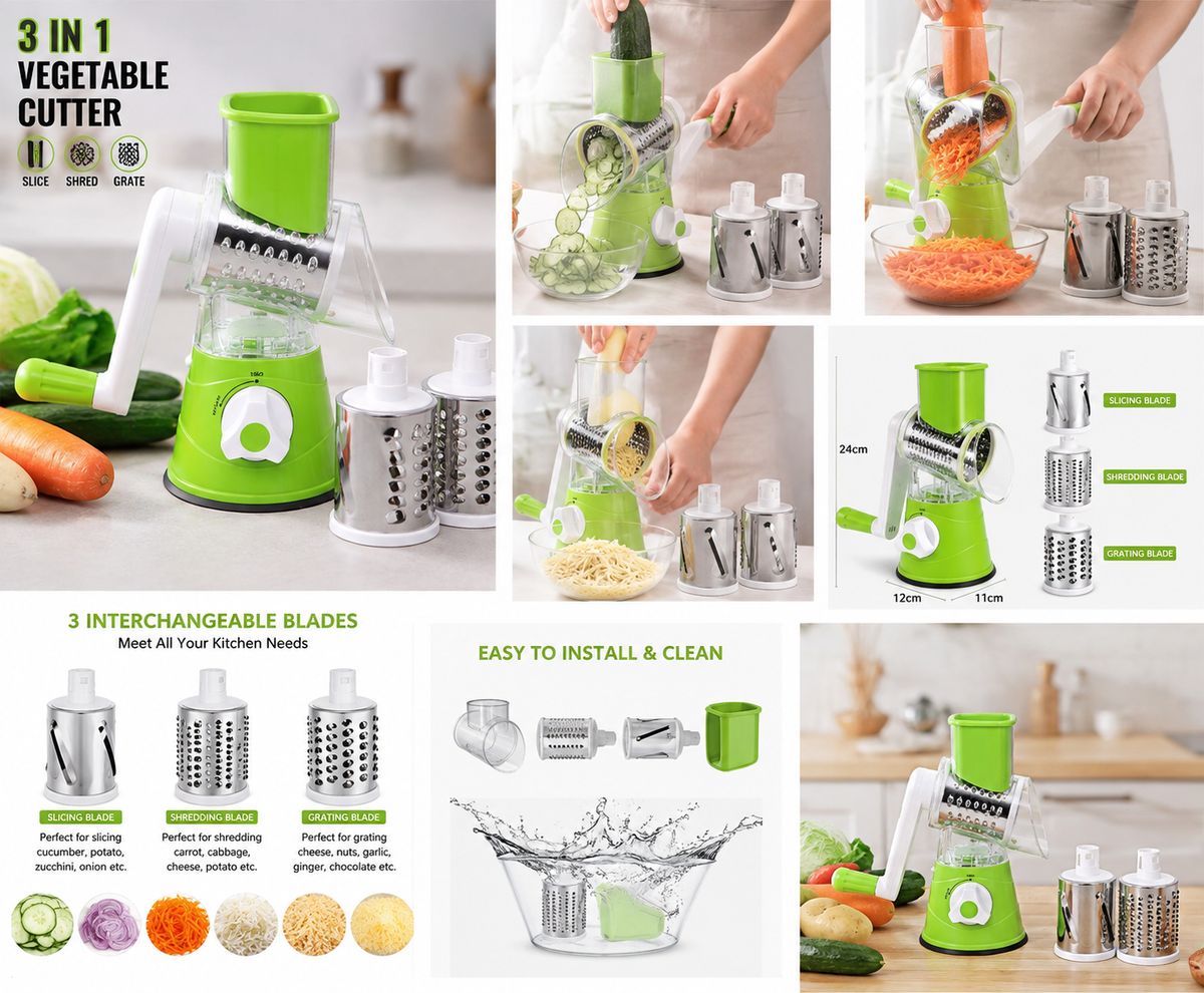 3-in-1 Rotary Vegetable Cutter & Grater